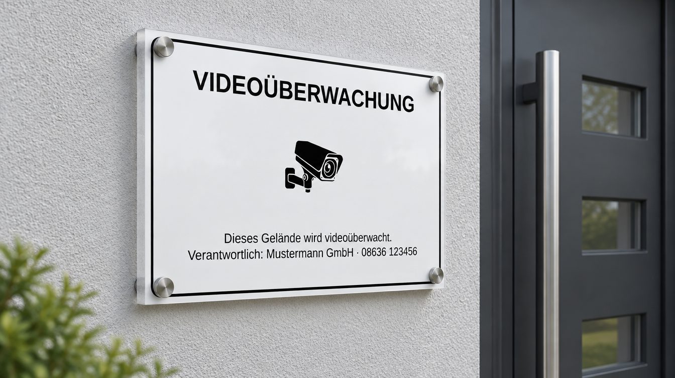 Acrylglas-Schild 6 mm „Videoüberwachung“ mit Abstandshaltern an der Hauswand